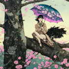 Woman sitting on tree branch with purple umbrella in serene floral scene