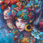 Ethereal women in vivid digital artwork with flowers and feathers