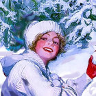 Vintage illustration of woman in white fur hat and coat holding snowball