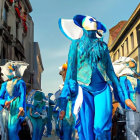 Vibrant Indian-themed characters in elaborate blue costumes.