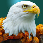 Detailed painting: Bald eagle head among colorful flowers on dark green background