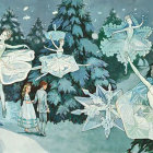 Five ballerinas in white tutus dancing in snowy scenery
