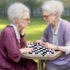 Elderly animated women in purple dresses at outdoor chessboard