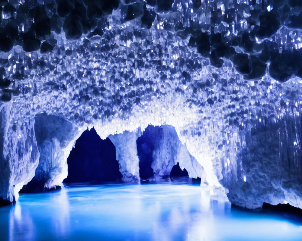 Majestic Blue Ice Cave with Sparkling Icicles