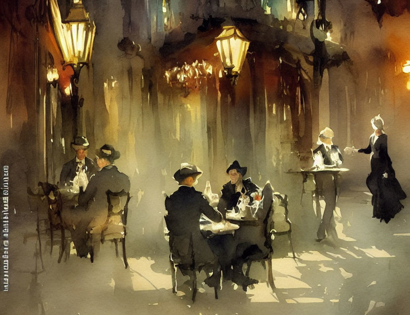 Outdoor Café Scene: Elegant Patrons under Warm Lantern Light