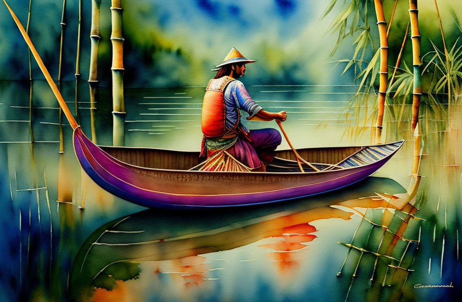 Person in conical hat rowing boat in serene bamboo-lined waters under colorful sky