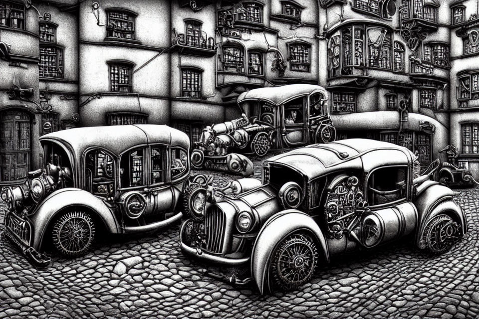 Detailed Vintage Cars Parked on Cobblestone Street with Stylized Buildings