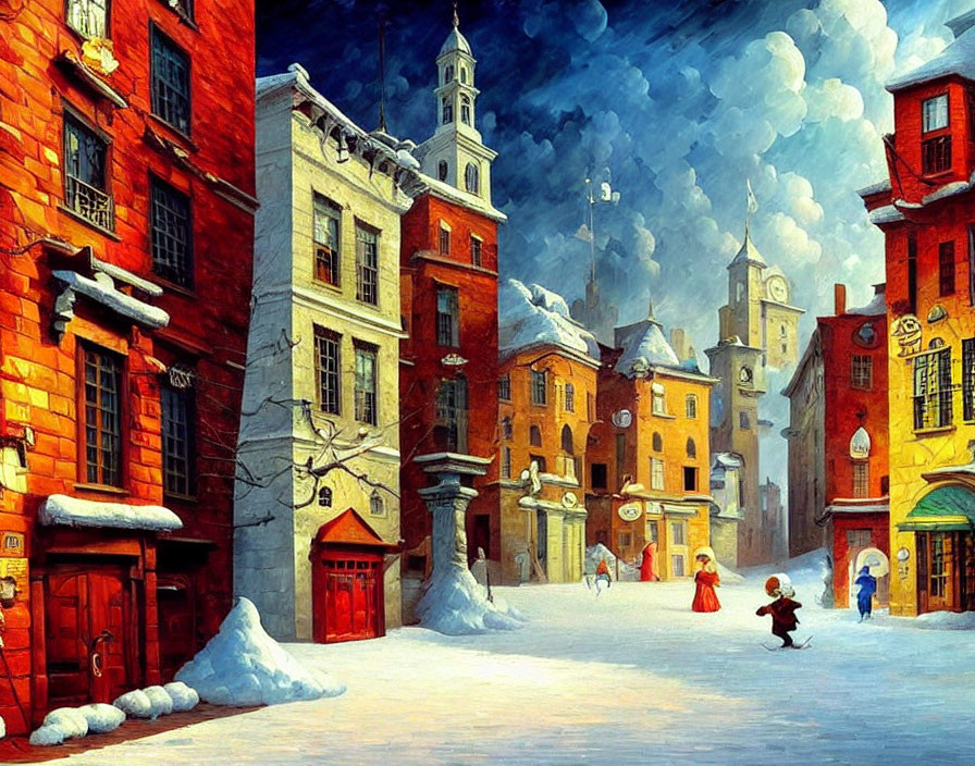 Colorful Historical Town Square in Snowy Painting