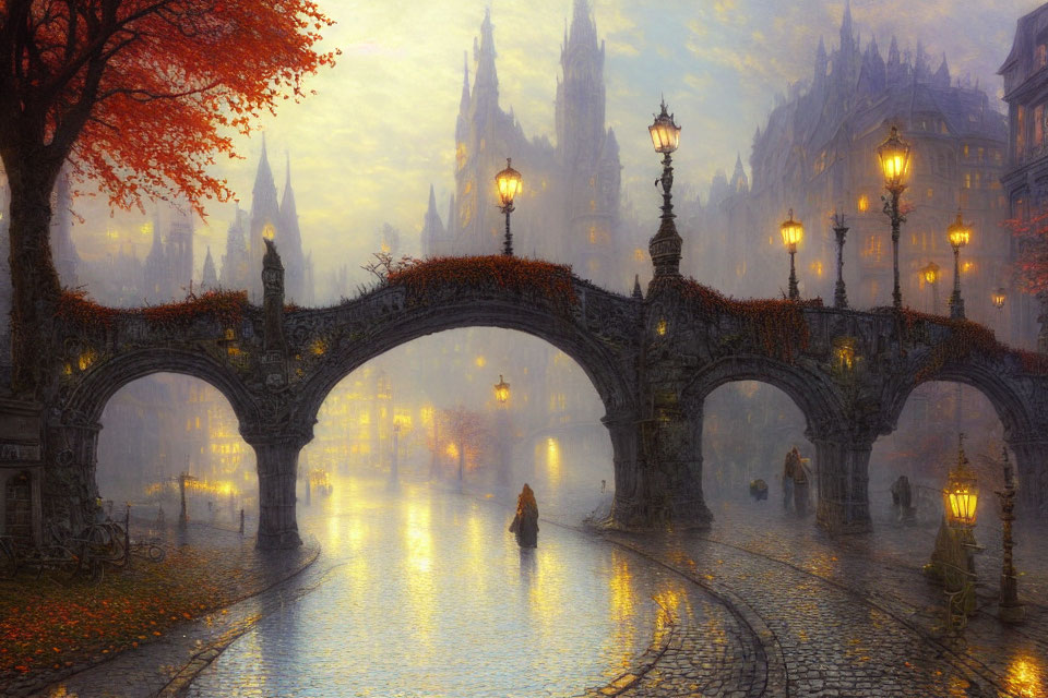 Gothic architecture bridge over cobblestone path in misty ambiance