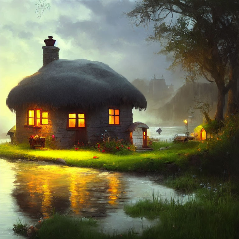 Quaint thatched cottage by serene river at dusk