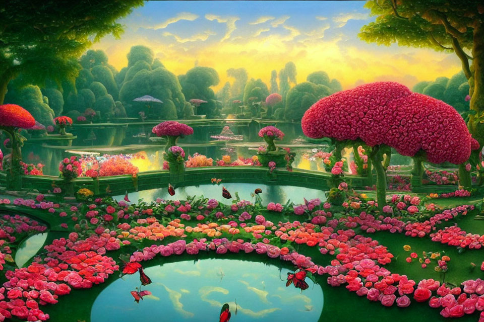 Colorful Fantasy Garden with Pink Trees and Tranquil Ponds