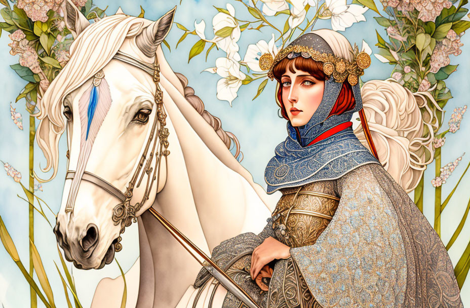 Medieval woman in ornate armor with white horse and blooming flowers