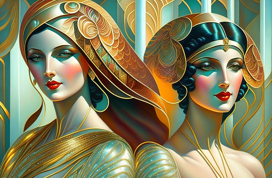 Art Deco Style Illustrations of Women with Elaborate Hairstyles & Gilded Clothing