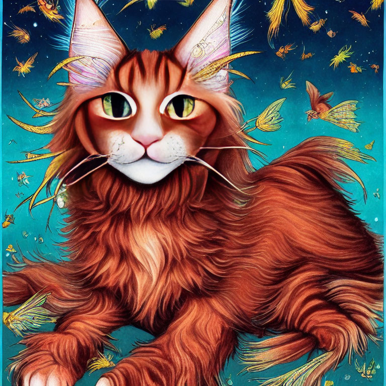 Digital Art: Long-Haired Orange Cat with Humanoid Face and Green Eyes on Blue Background