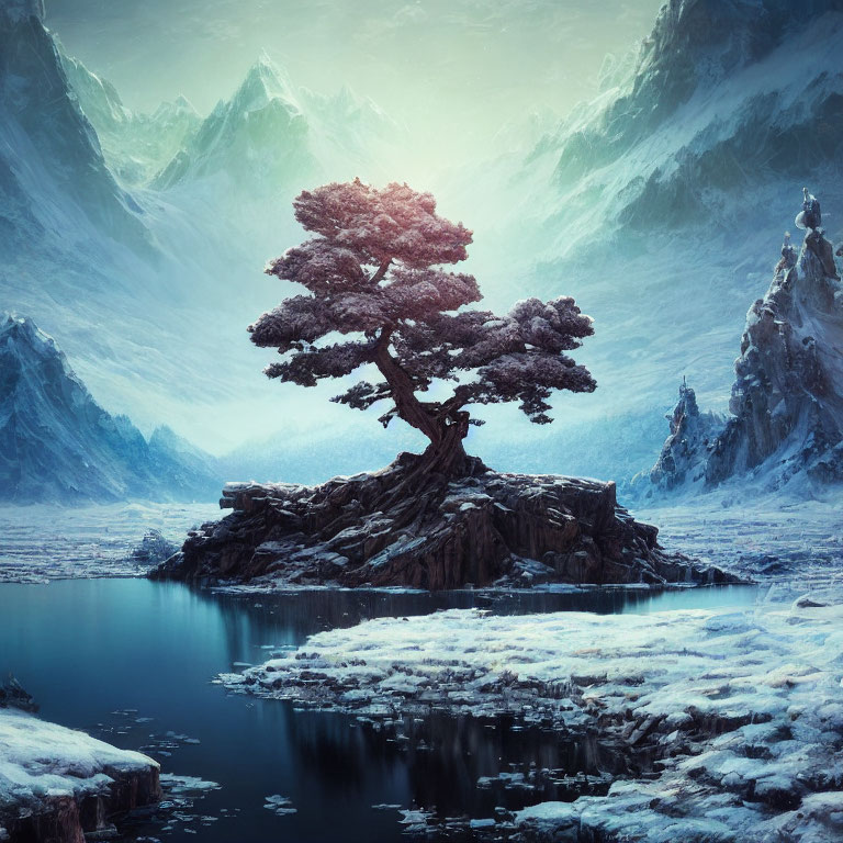 Ethereal scene of solitary tree on rocky outcrop by icy blue lake