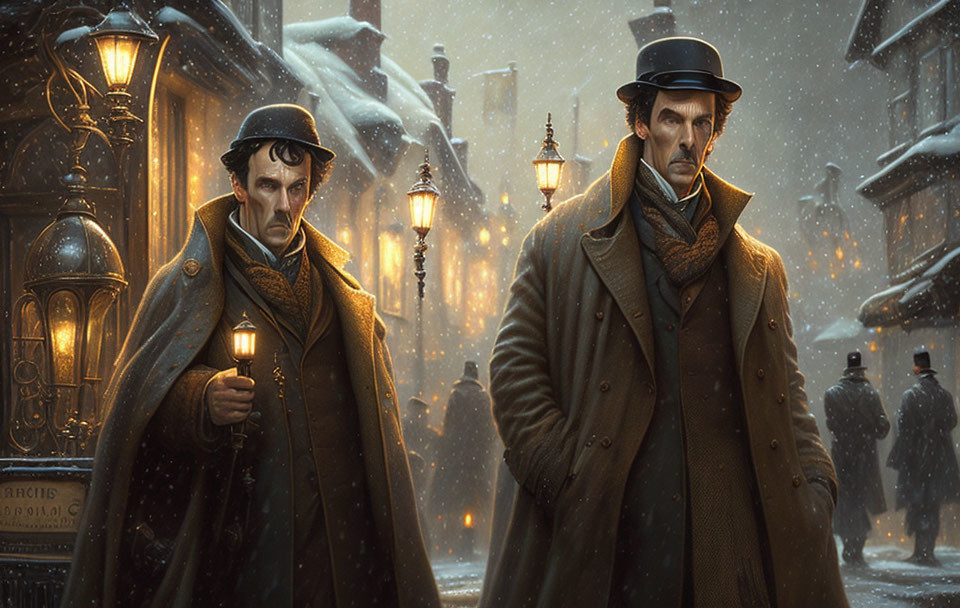 Victorian men in snowy street at dusk with lantern and falling snowflakes