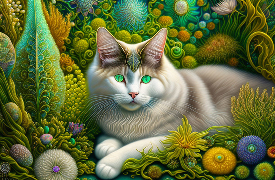 Colorful Illustration of Fluffy Cat with Green Eyes in Fantasy Floral Setting