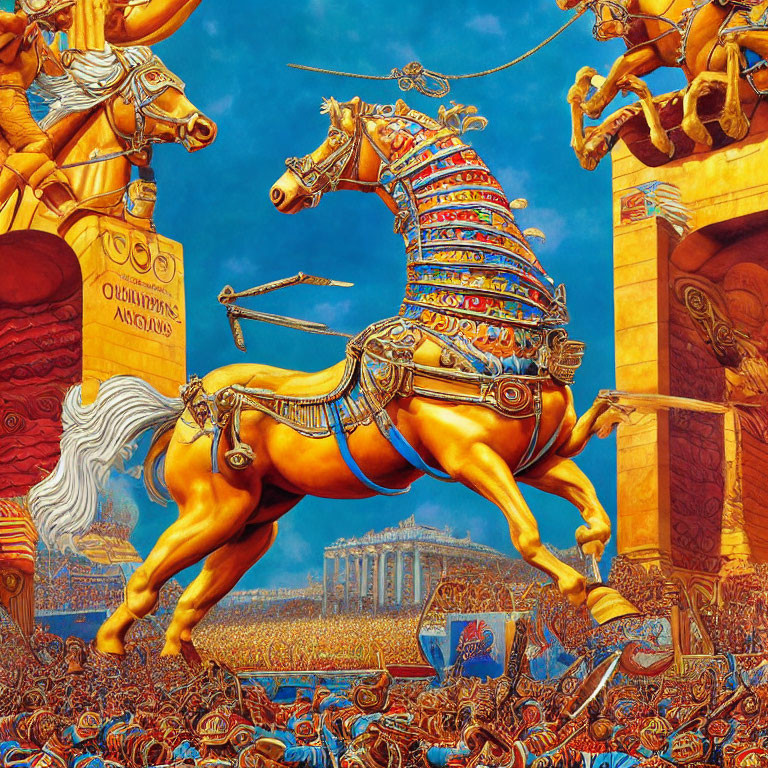 Detailed artwork of decorated horse in battle armor with chariot driver and ancient structures.