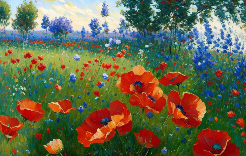 Poppies and blue flowers