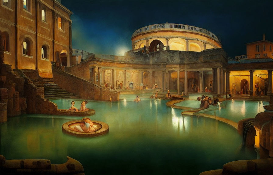 Ancient Roman bathhouse scene with people in thermal pools