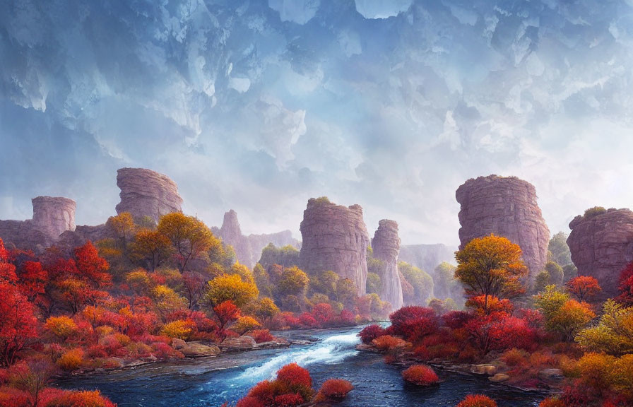 Tranquil river in vibrant autumn landscape with red foliage