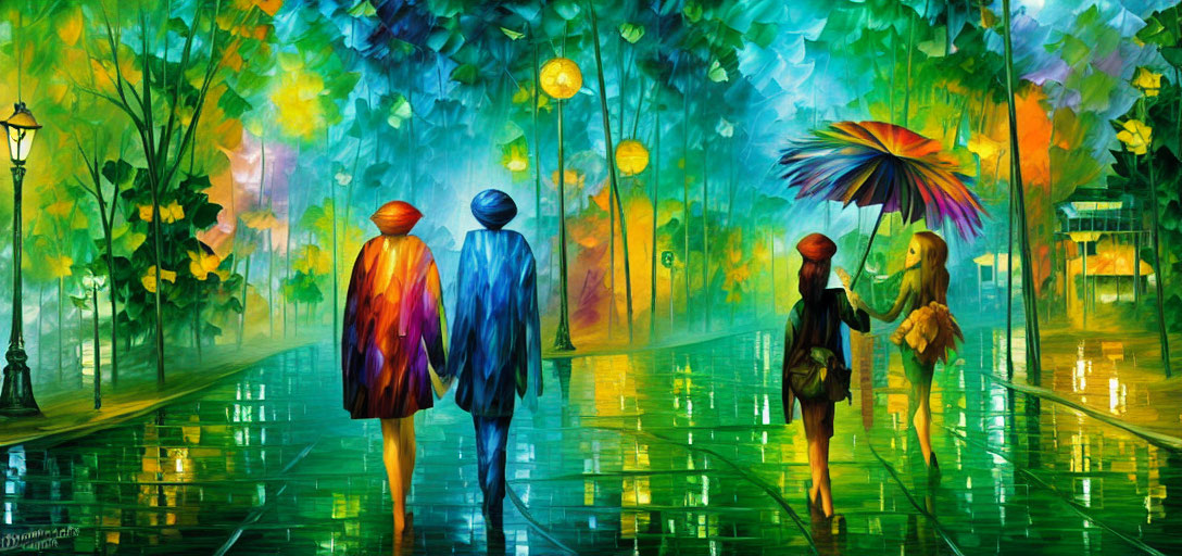 Colorful Umbrella Painting: Four People Walking on Wet Street