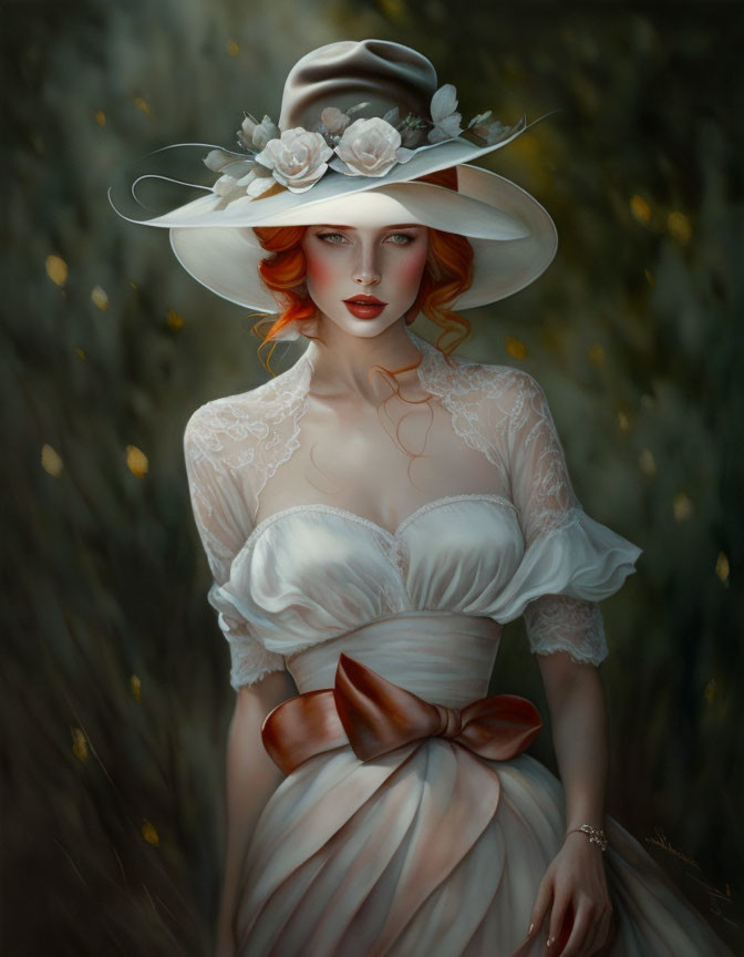 Jolie femme rousse avec chapeau blanc