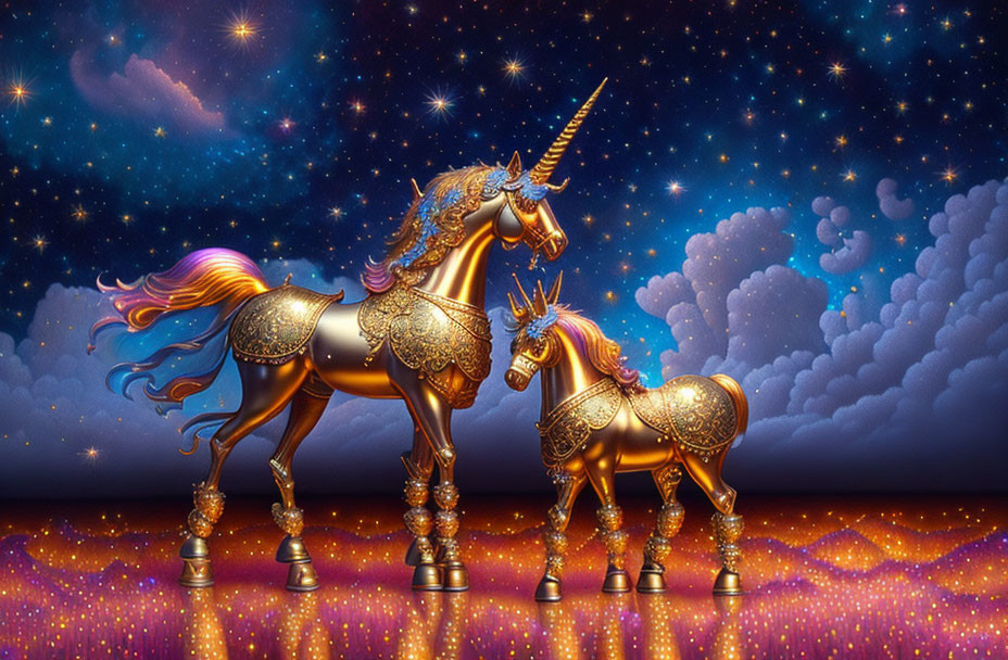 Golden unicorns with shimmering manes in cosmic sky
