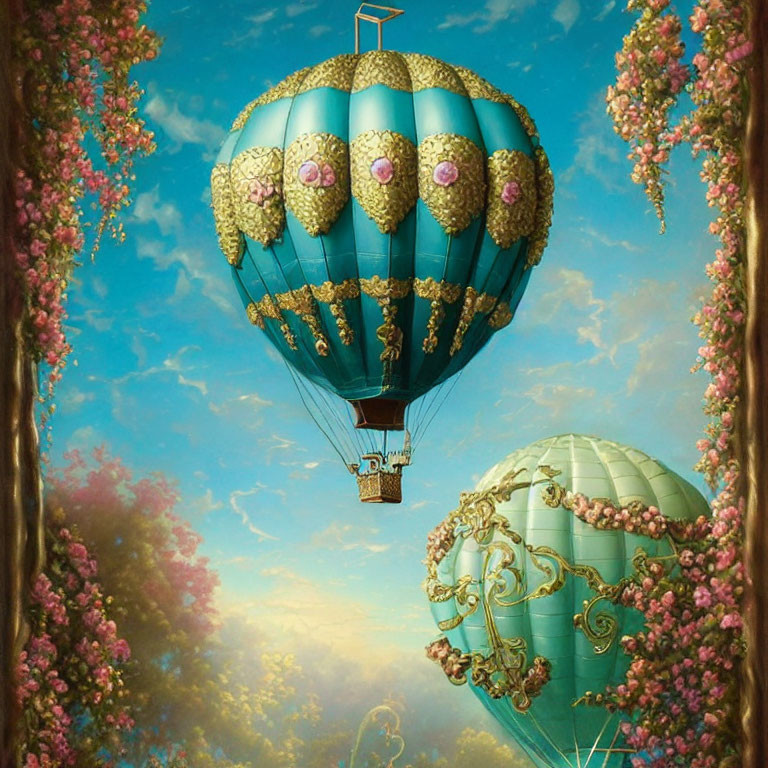 Ornate hot air balloons with gold and flower decorations in serene sky