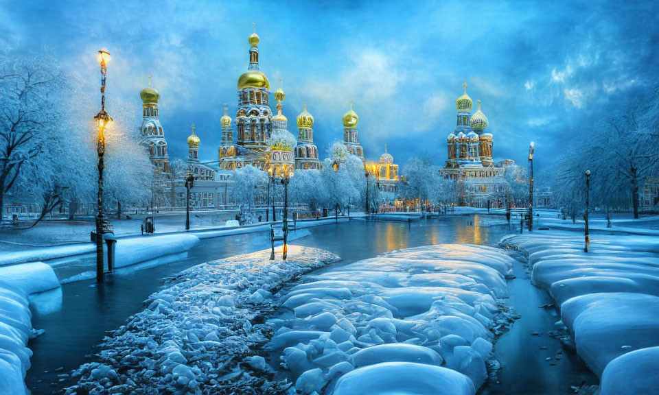 Russian Orthodox cathedral with golden domes in winter setting