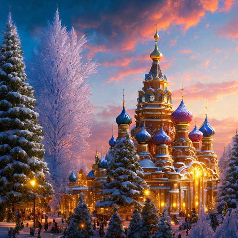 Colorful winter scene: onion-domed cathedral, snow-covered trees, golden lights, sunset sky