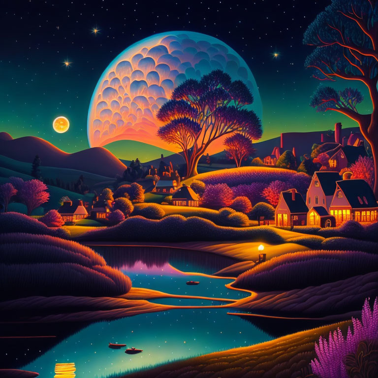 Colorful Surrealist Night Landscape with Moon, Stars, Trees, Houses, Lake, and Boats