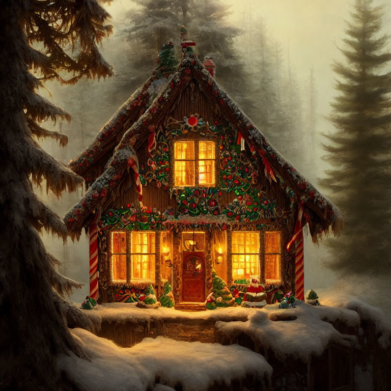 Snow-covered Christmas cottage in misty pine forest