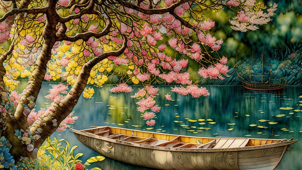 Boat under a blooming tree 