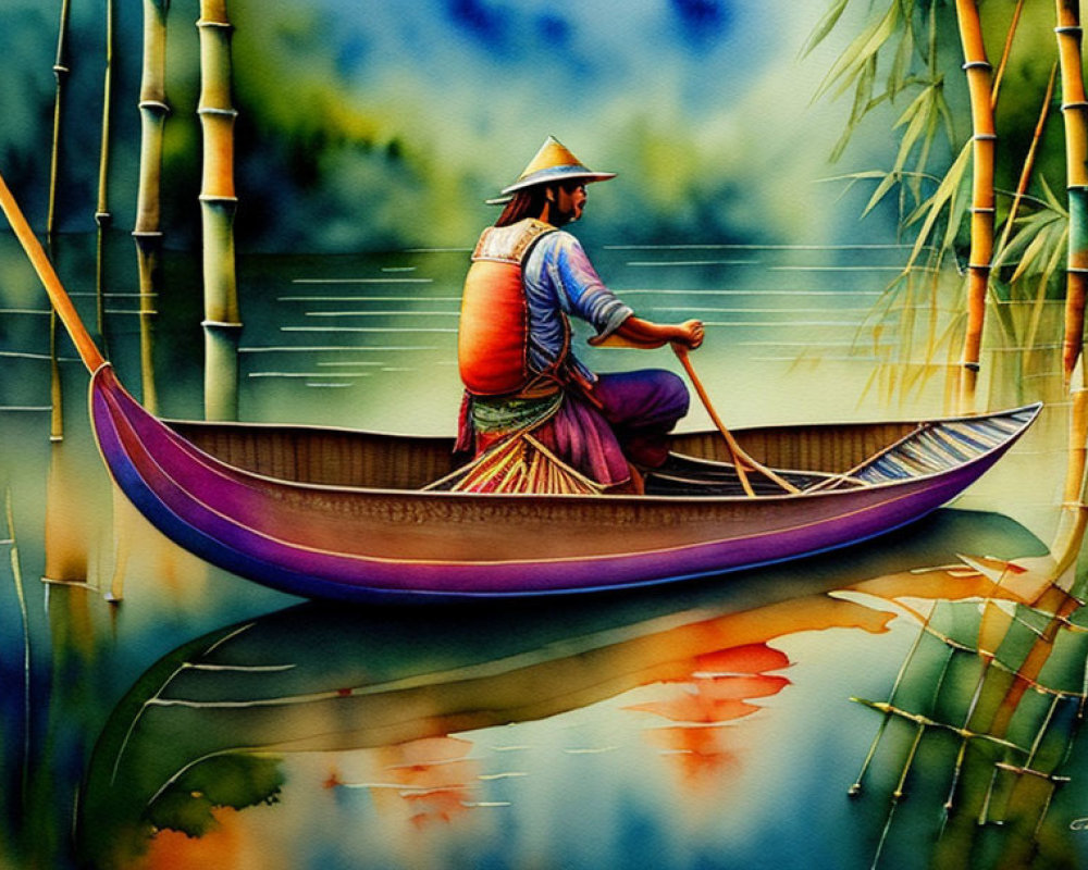Person in conical hat rowing boat in serene bamboo-lined waters under colorful sky