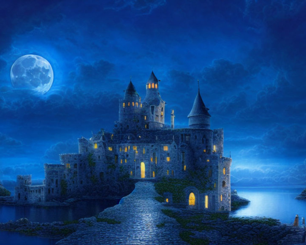 Majestic castle on island under starry night sky