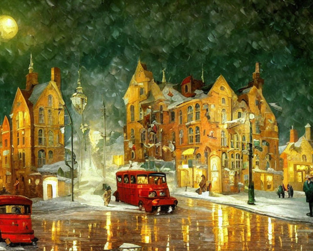 Vintage Winter Street Scene with Snowfall and Historic Buildings