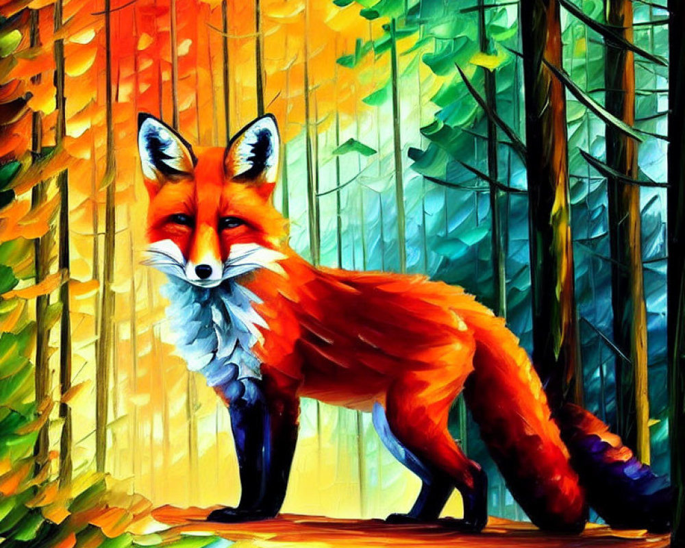 Colorful painting of red fox in vibrant autumn forest