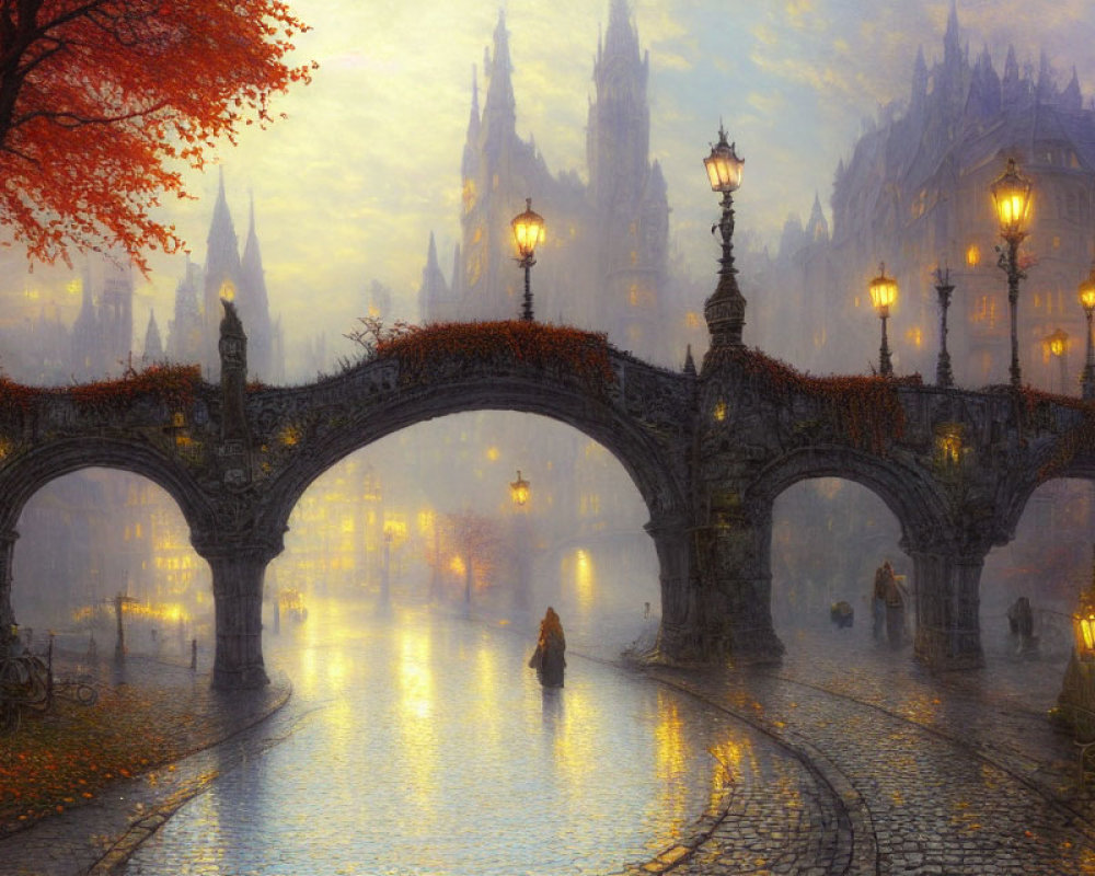 Gothic architecture bridge over cobblestone path in misty ambiance