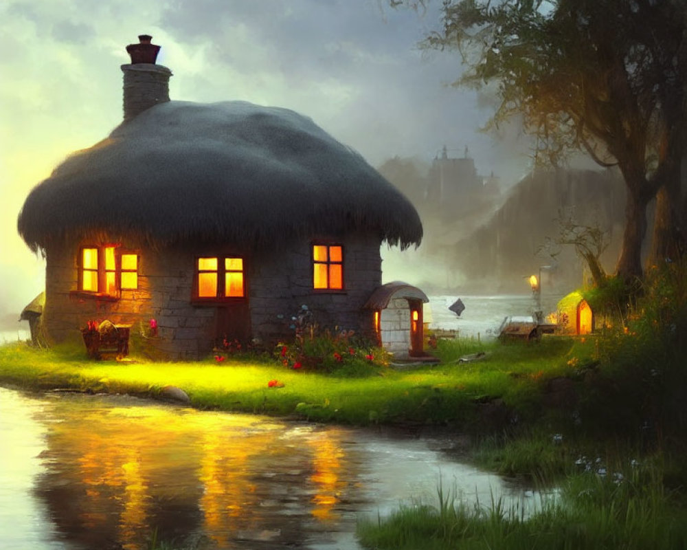 Quaint thatched cottage by serene river at dusk