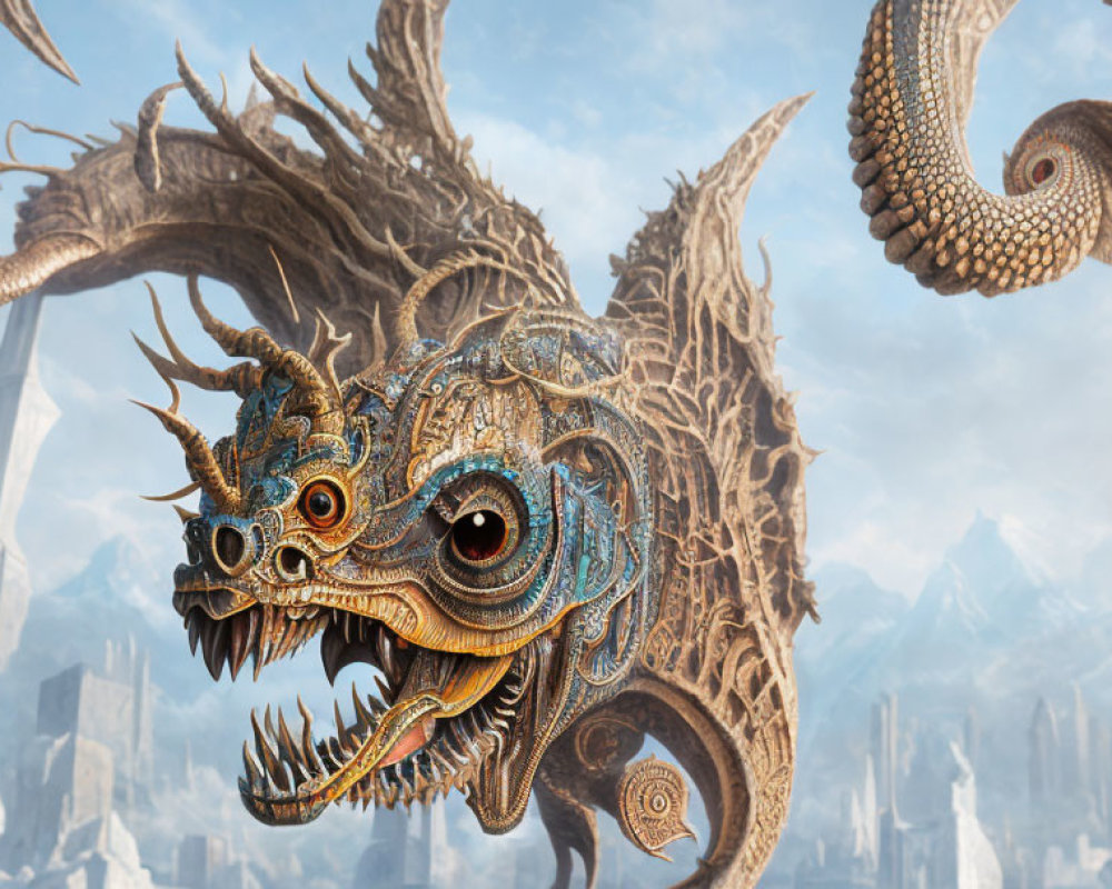 Intricate Golden Dragon Sculpture Against Misty Mountain Background