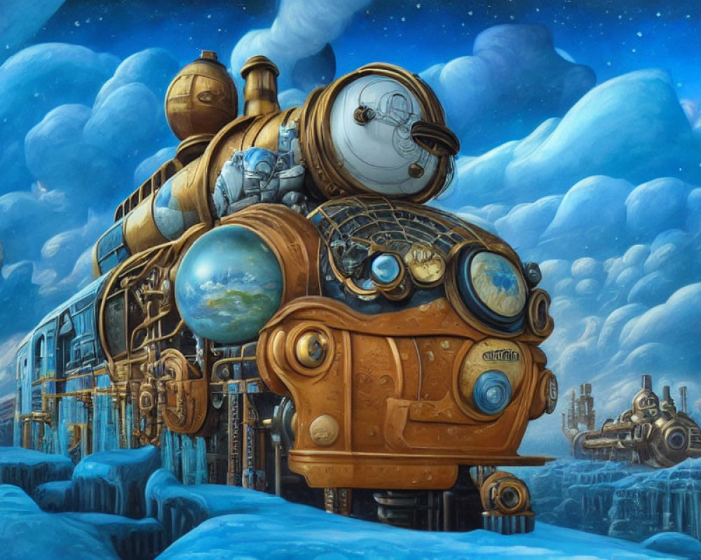 Detailed Steampunk-Style Locomotive in Snowy Fantasy Landscape