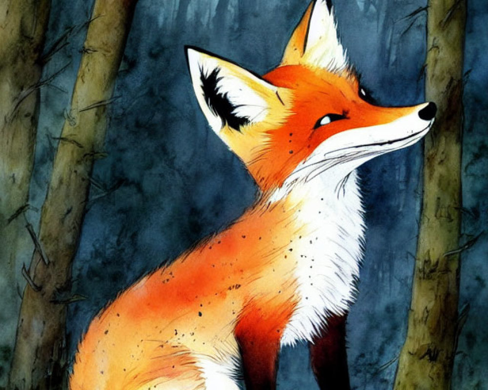 Illustrated red fox in misty forest with dark trees and blue background