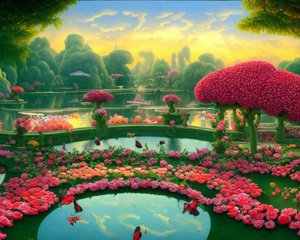 Colorful Fantasy Garden with Pink Trees and Tranquil Ponds