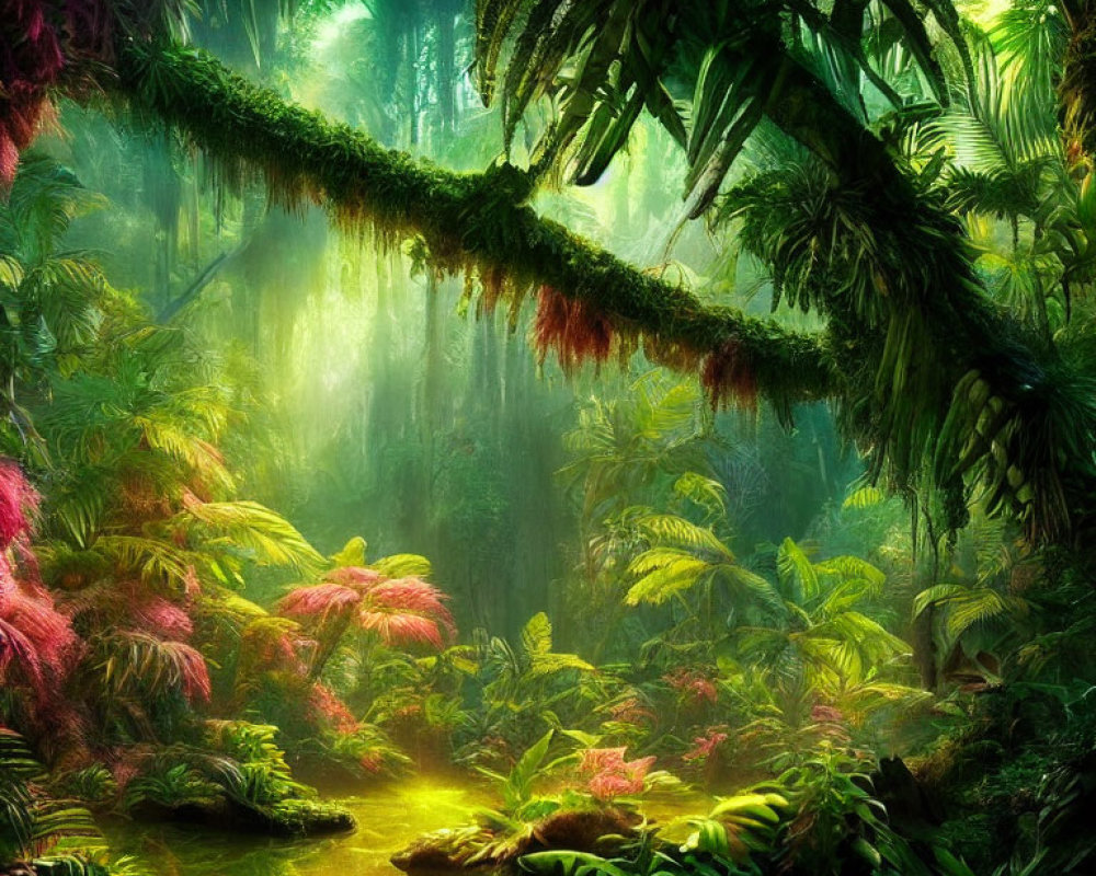 Sunlit Rainforest with Vibrant Foliage and Serene Pool