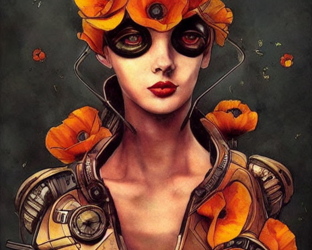 Stylized portrait of woman with orange poppies, grey skin, black eyes, and biomechan