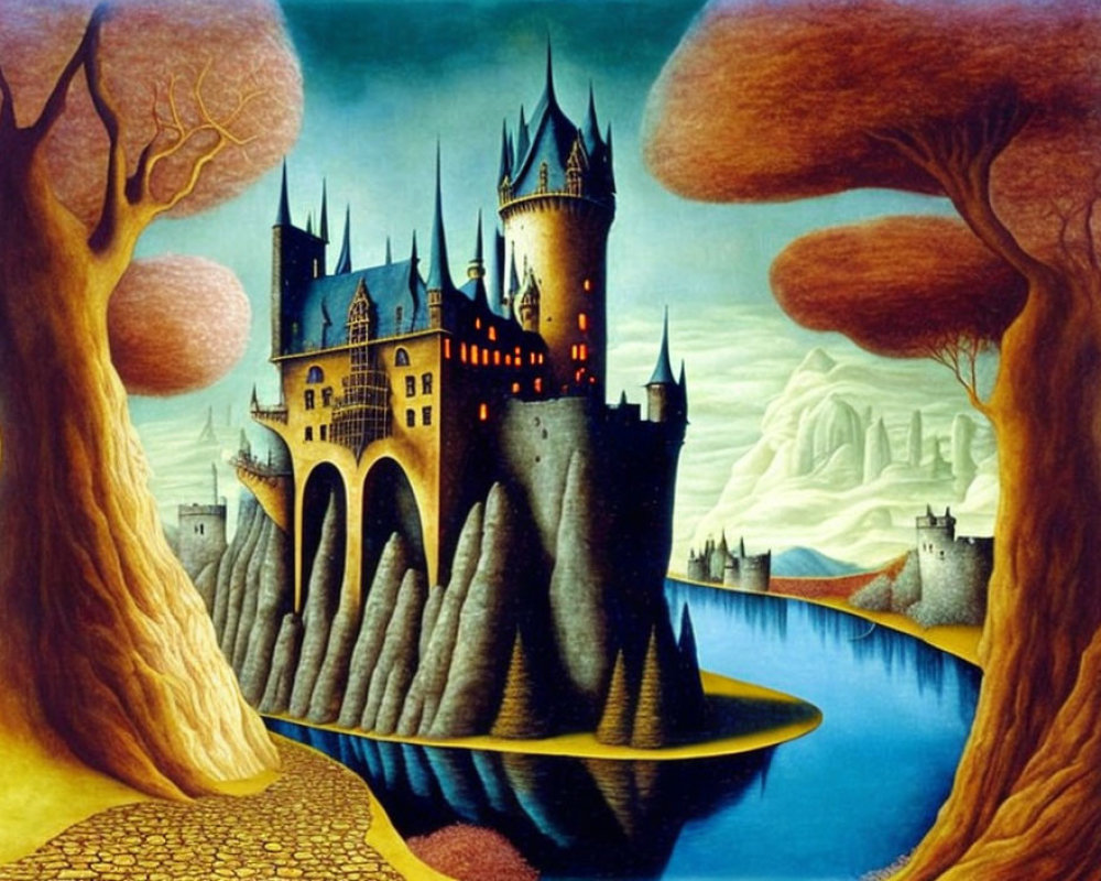 Majestic castle on cliffs with surreal trees and river in surreal painting