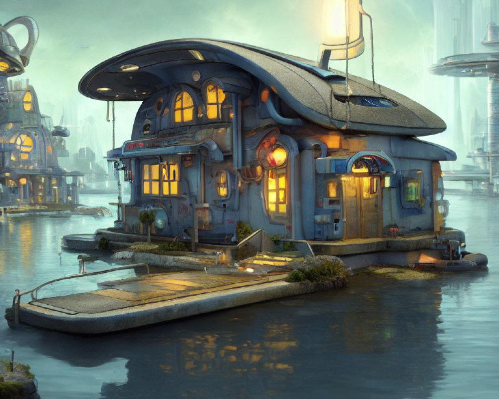 Futuristic floating building with boat dock in misty cityscape