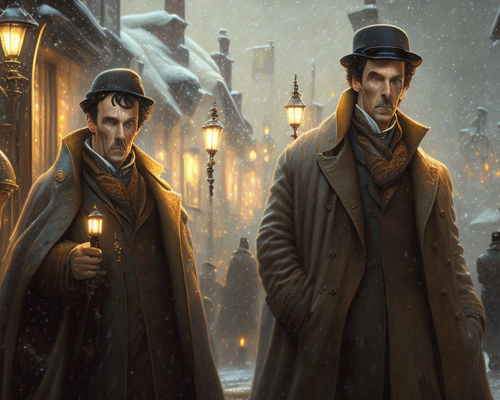 Victorian men in snowy street at dusk with lantern and falling snowflakes