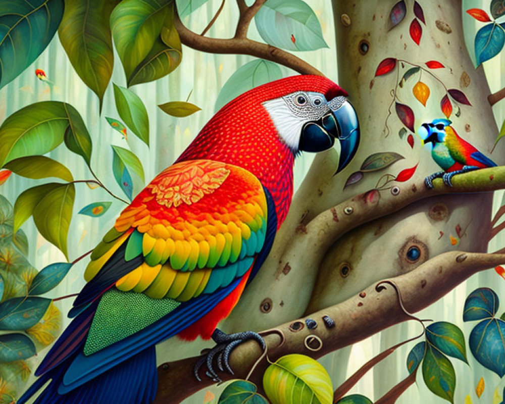 Colorful illustration of red macaw and blue bird on branch with lush green leaves
